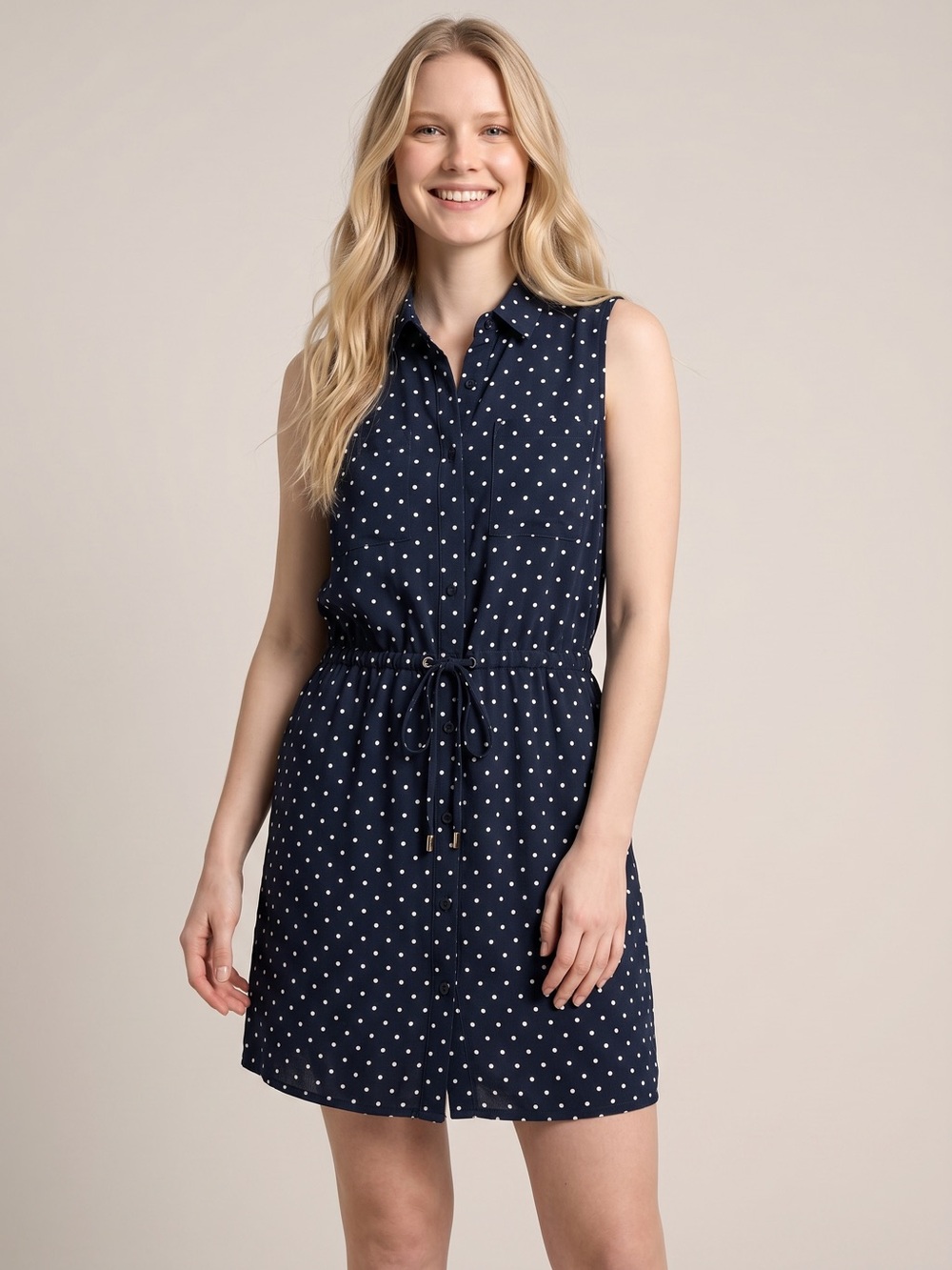 Banana Republic Navy Polka Dot Sleeveless Shirt Dress Drawstring Waist Pockets